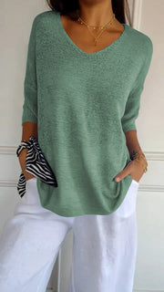 Mia™ Solid colour knit top with v-neckline