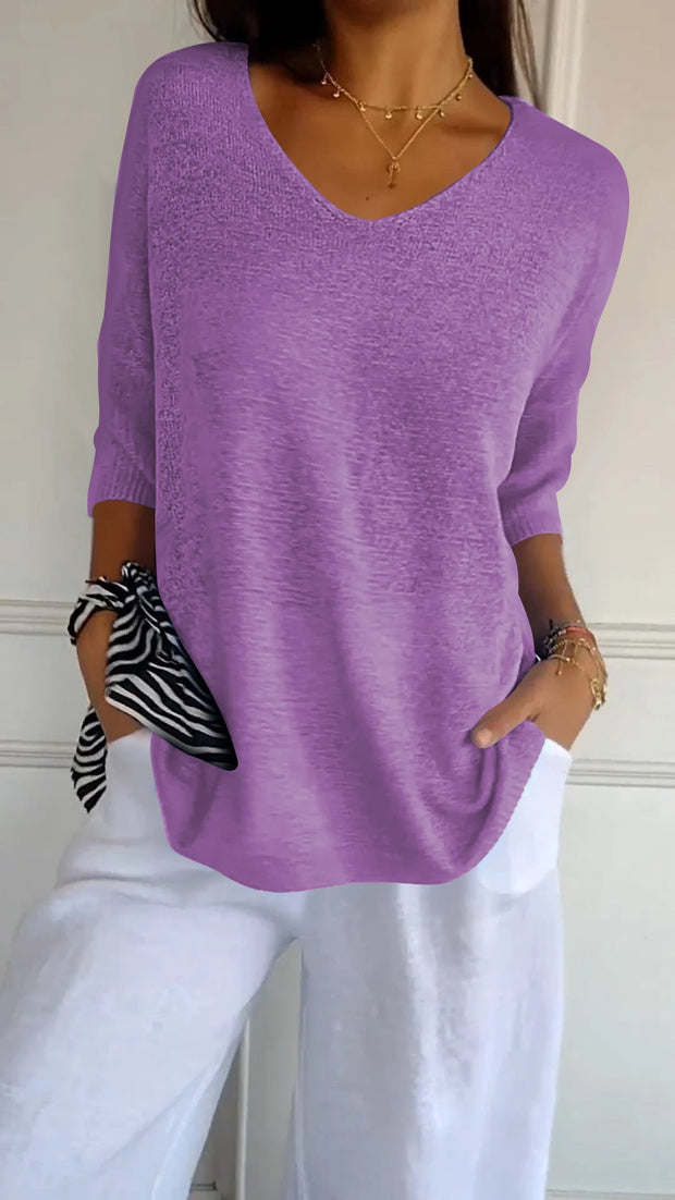 Mia™ Solid colour knit top with v-neckline