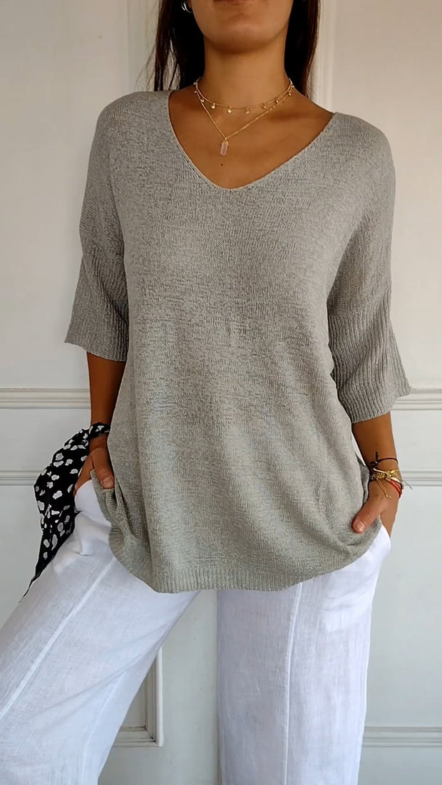 Mia™ Solid colour knit top with v-neckline