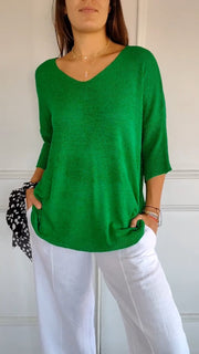 Mia™ Solid colour knit top with v-neckline