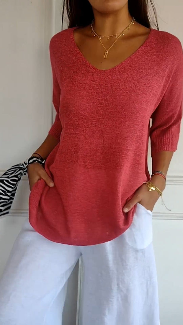 Mia™ Solid colour knit top with v-neckline